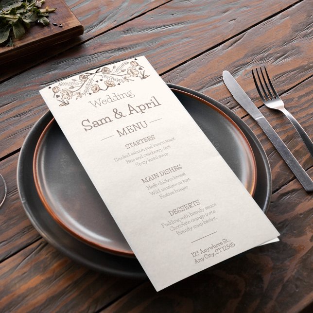 Brown Floral Wedding Theme Menükarte (Let your wedding dinner menu card speak more about your theme)