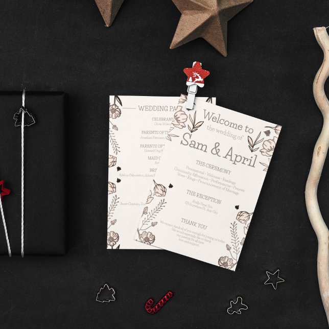 Brown Floral Wedding Theme Programm (Wedding ceremony detailed card in your wedding theme)