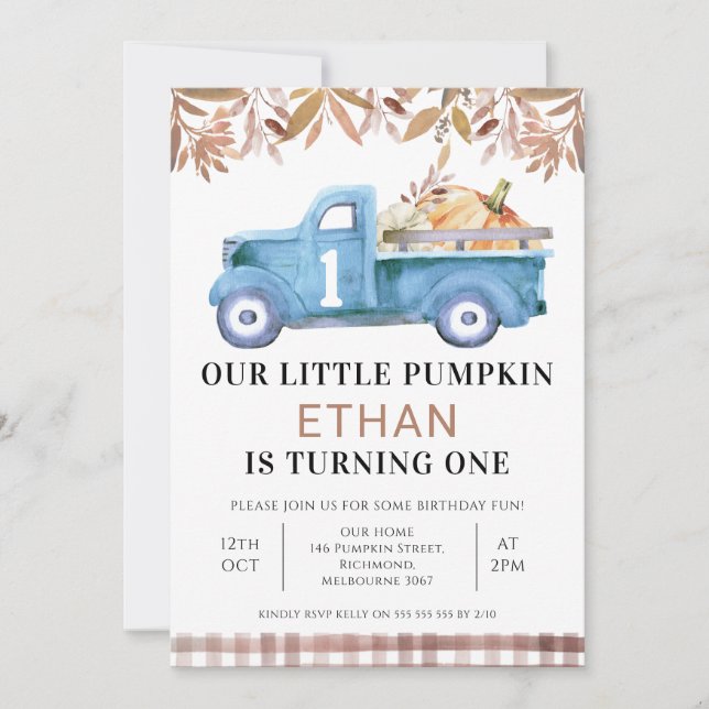 Brown Foliage Little Pumpkin Truck 1. Geburtstag Einladung (Vorderseite)
