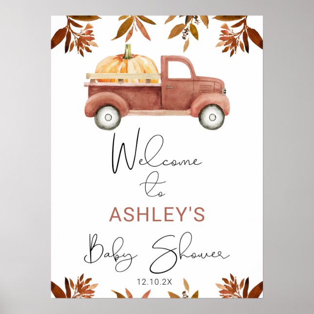 Brown Foliage Pumpkin Truck Baby Dusche Willkommen Poster (Vorne)
