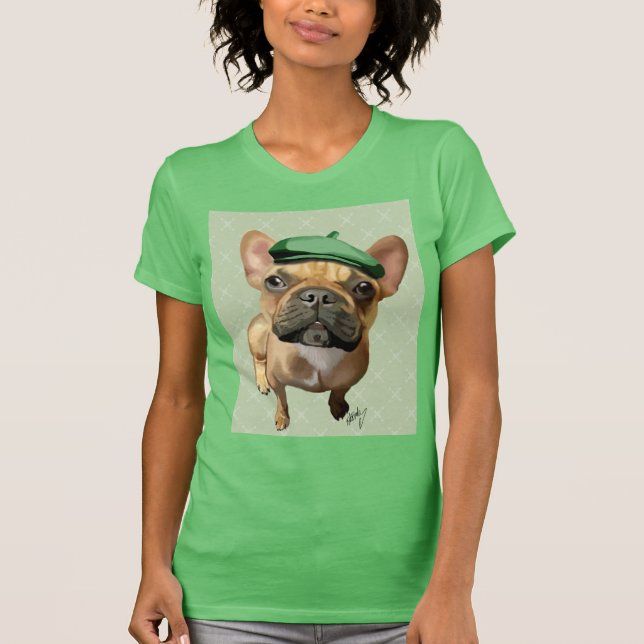 Brown French Bulldog mit Green Hat T-Shirt (Vorderseite)