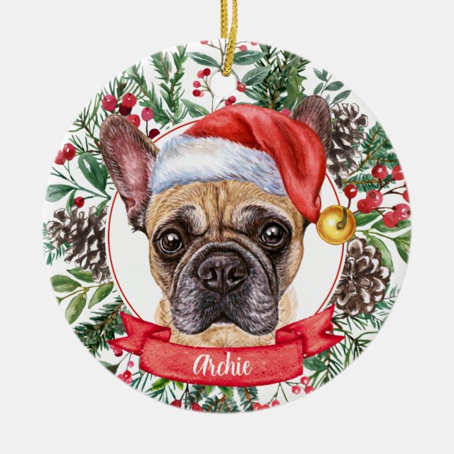 Brown Frenchie Custom Dog Weihnachtsfeiertag Keramik Ornament (Vorne)