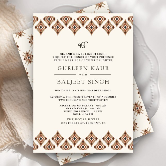 Brown Geometric Ikat Anand Karaj Sikh Wedding Einladung (Von Creator hochgeladen)