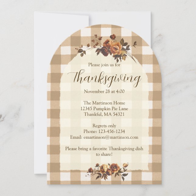Brown Gingham Autumn Florals Arch Erntedank Einladung (Vorderseite)