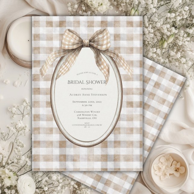 Brown Gingham Bow Frame Vintage Bridal Shower Einladung (Von Creator hochgeladen)