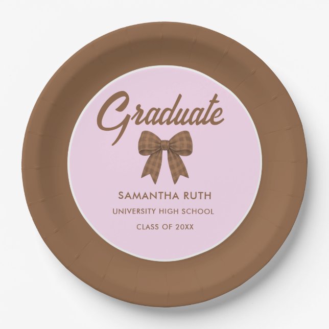 Brown Gingham Bow Graduation Party Pappteller (Vorderseite)