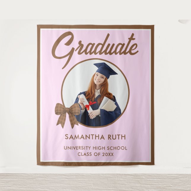 Brown Gingham Bow Photo Graduation Backdrop Wandteppich (Vorderseite)
