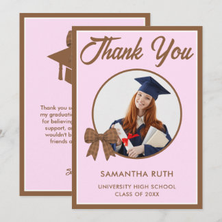 Brown Gingham Bow Photo Graduation Dankeskarte