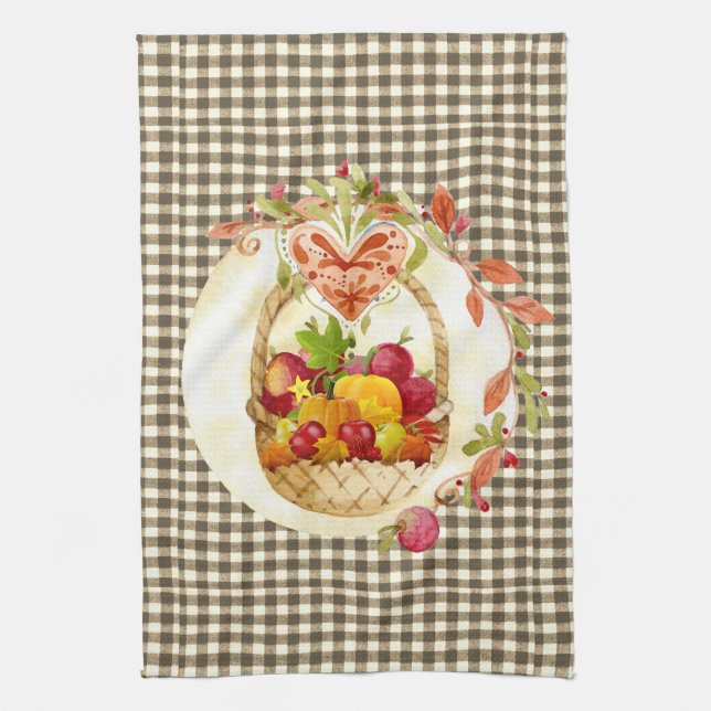 Brown Gingham Fall Harvest Basket Geschirrtuch (Vertikal)