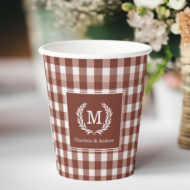 Brown Gingham Monogram Wappen Custom Pappbecher (Brown Gingham Monogram Crest Custom Paper Cups)