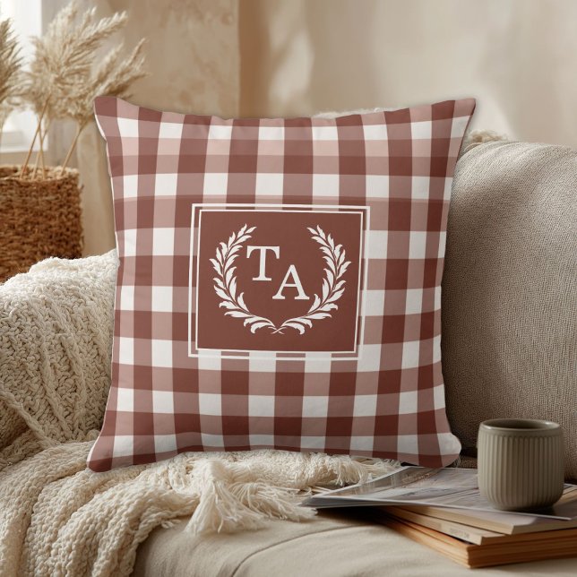 Brown Gingham Monogram Wappen Kissen (Brown Gingham Monogram Crest Custom Throw Pillow)