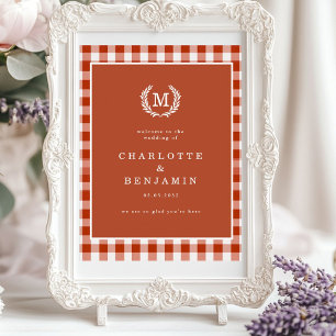 Brown Gingham Monogram Wappen Wedding Welcome Poster