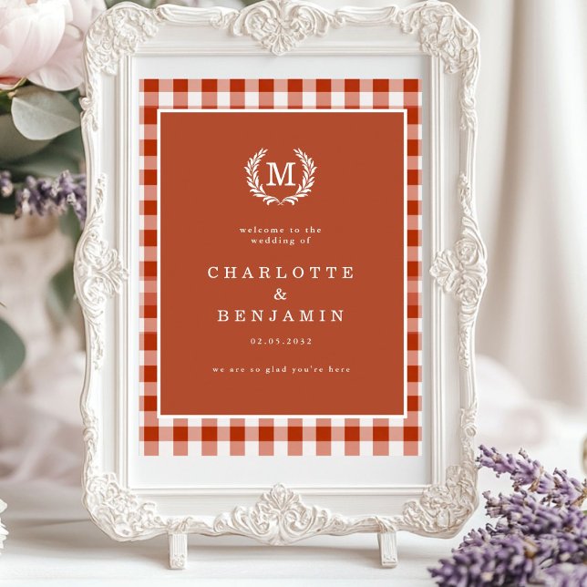Brown Gingham Monogram Wappen Wedding Welcome Poster (Brown Gingham Monogram Crest Wedding Welcome Poster)