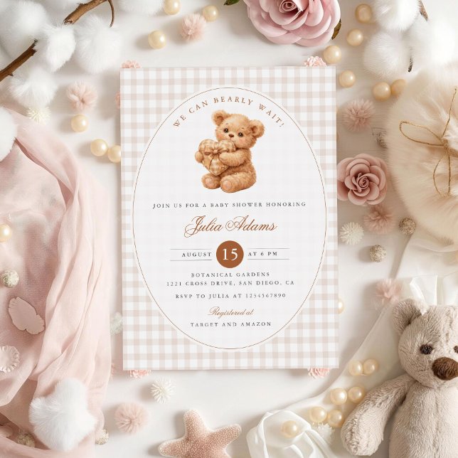 Brown Gingham Teddy Bear Neutral Baby Shower Paper Einladung (Von Creator hochgeladen)