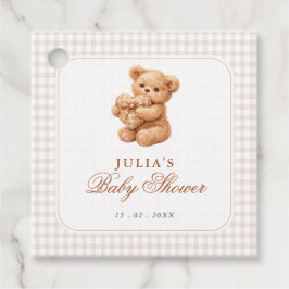 Brown Gingham Teddy Bear Neutral Baby Shower Paper Geschenkanhänger