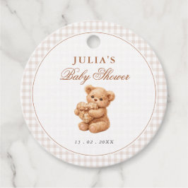 Brown Gingham Teddy Bear Neutral Baby Shower Paper Geschenkanhänger
