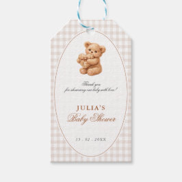 Brown Gingham Teddy Bear Neutral Baby Shower Paper Geschenkanhänger