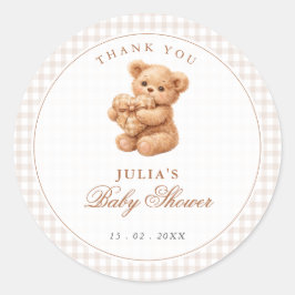 Brown Gingham Teddy Bear Neutral Baby Shower Paper Runder Aufkleber