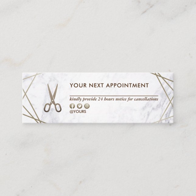 Brown-Gold Scissors Marmorhairstylist-Verabredung Mini Visitenkarte (Vorderseite)