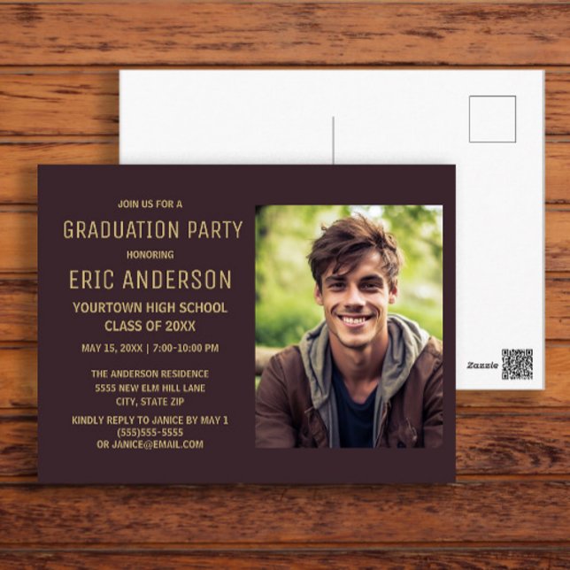 Brown Graduation Party Foto Postkarte (Brown graduation party photo invitation)