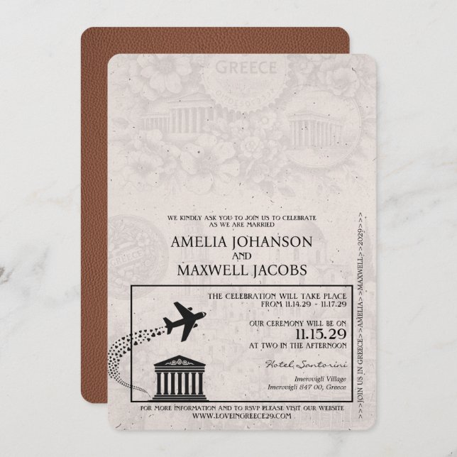 Brown Greece Passport Wedding Einladung (Vorne/Hinten)