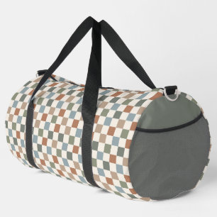 BROWN GREEN BLUE CHECKERBOARD PATTERN DUFFLE BAG