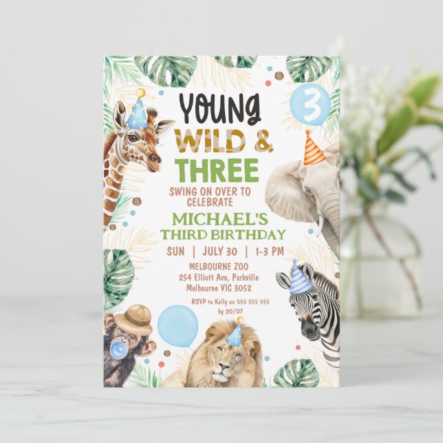 Brown Green Blue Young Wild Three 3rd Birthday Einladung (Stehend Vorderseite)
