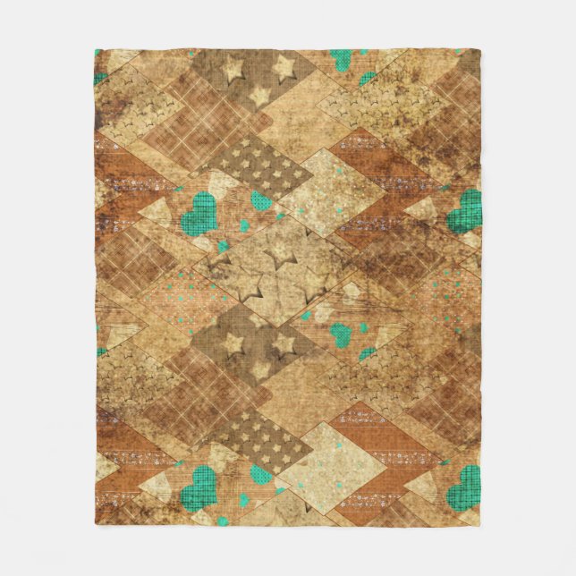 Brown Grunge Quilt Stars Herz Fleecedecke (Vorderseite)