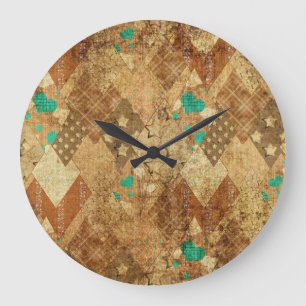 Brown Grunge Quilt Stars Herz Große Wanduhr