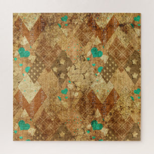 Brown Grunge Quilt Stars Herz Puzzle