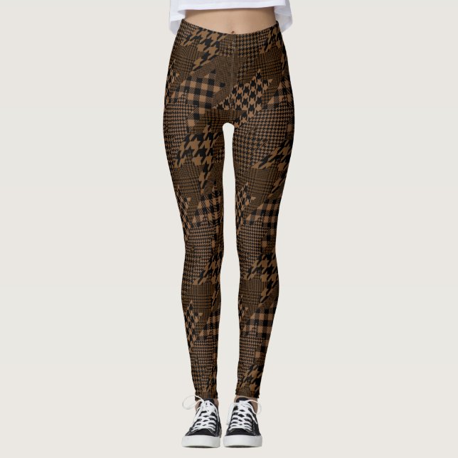 Brown Hahnentrittmuster Kariert Pattern Collage Leggings (Vorderseite)