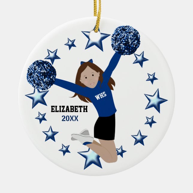 Brown Hair Cheerleader Pom Poms in Blau und Schwar Keramikornament (Vorne)