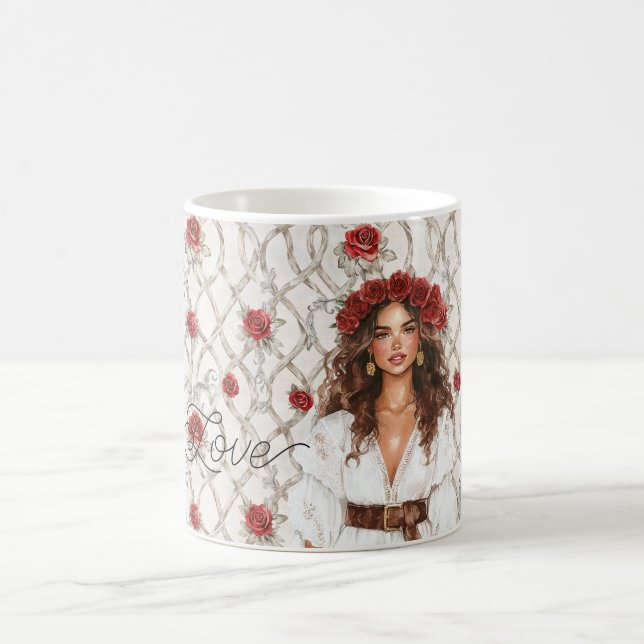 Brown Hair Female Roses Wreath Faux Wood Floral  Kaffeetasse (Mittel)
