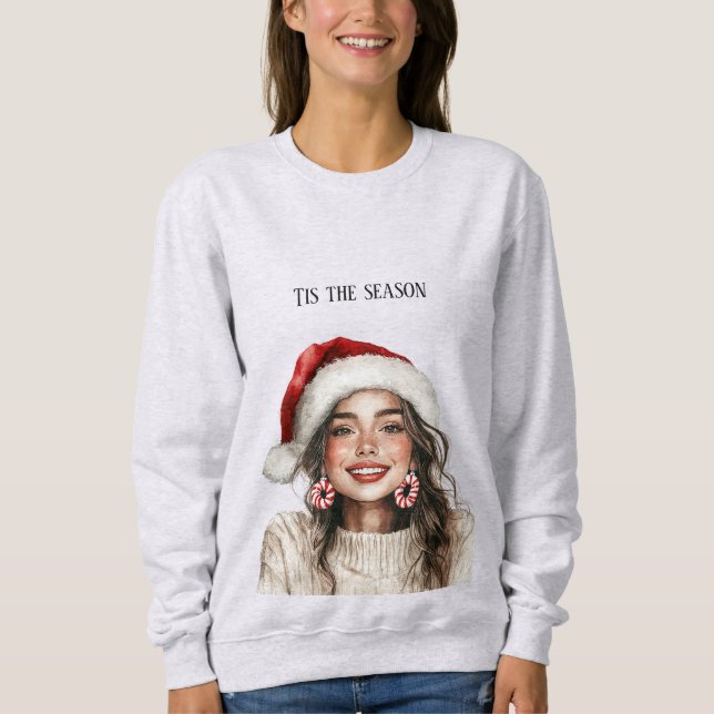 Brown Hair Girl Candy Cane Earrings Christmas Sweatshirt (Vorderseite)