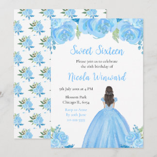 Brown Hair Princess Blue Floral 16 . Geburtstag Einladung