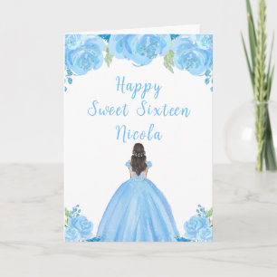 Brown Hair Princess Blue Floral 16 . Geburtstag Karte