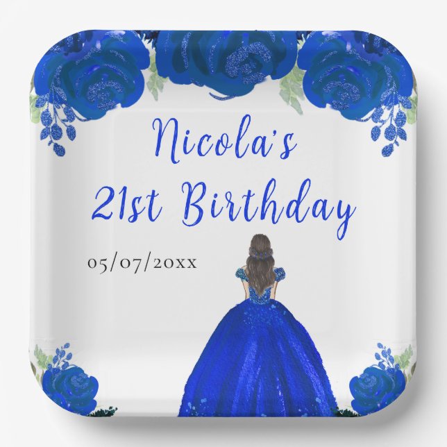 Brown Hair Princess Blue Floral Birthday Party Pappteller (Vorderseite)