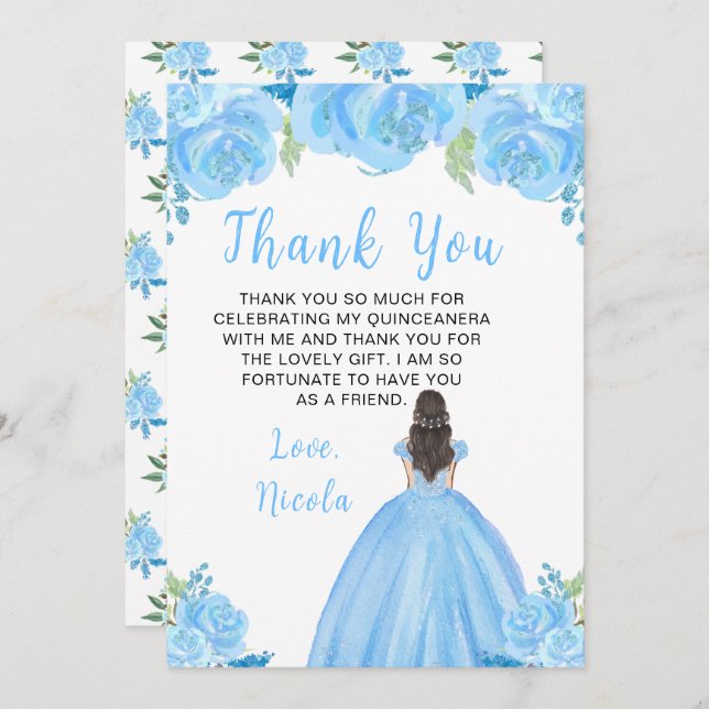 Brown Hair Princess Blue Floral Quinceanera Dankeskarte (Vorne/Hinten)