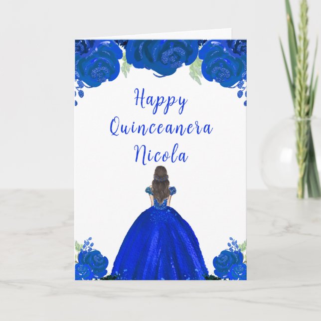 Brown Hair Princess Blue Floral Quinceanera Karte (Vorderseite)