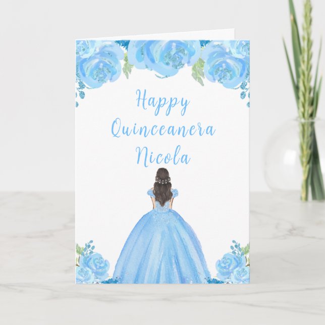 Brown Hair Princess Blue Floral Quinceanera Karte (Vorderseite)