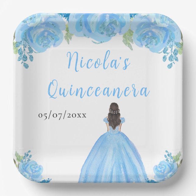 Brown Hair Princess Blue Floral Quinceanera Pappteller (Vorderseite)