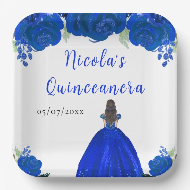 Brown Hair Princess Blue Floral Quinceanera Pappteller (Vorderseite)