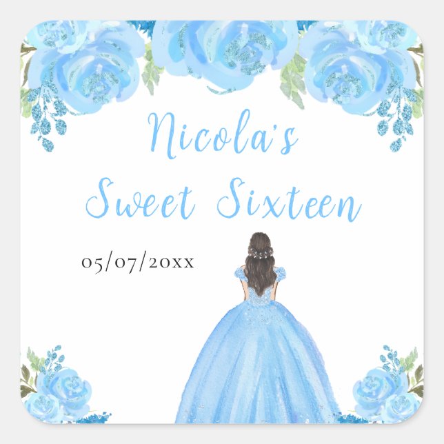 Brown Hair Princess Blue Floral Sweet Sixteen  Quadratischer Aufkleber (Vorderseite)