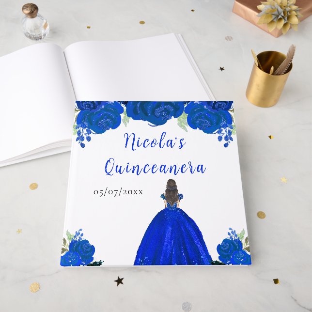 Brown Hair Princess Blue Quinceanera Guest Book Gästebuch (Vorderseite offen)