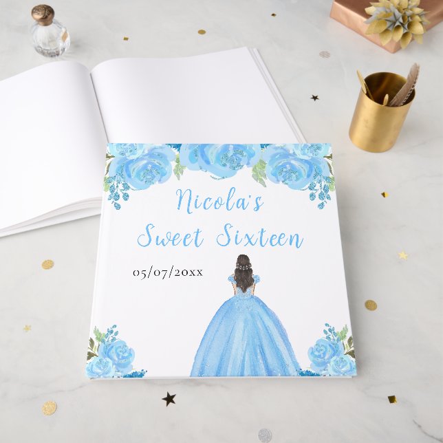 Brown Hair Princess Blue Sweet Sixteen Guest Book Gästebuch (Vorderseite offen)
