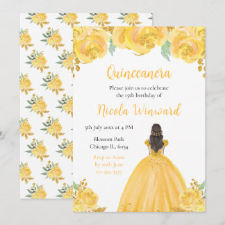 Brown Hair Princess Gold Floral Quinceanera Einladung