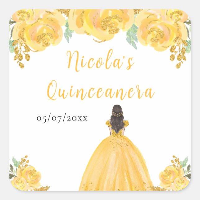 Brown Hair Princess Gold Floral Quinceanera Quadratischer Aufkleber (Vorderseite)
