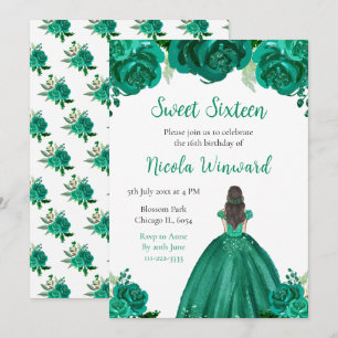 Brown Hair Princess Green Floral 16 . Geburtstag Einladung