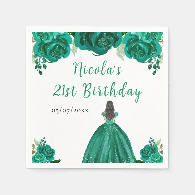 Brown Hair Princess Green Floral Birthday Party Serviette (Vorderseite)