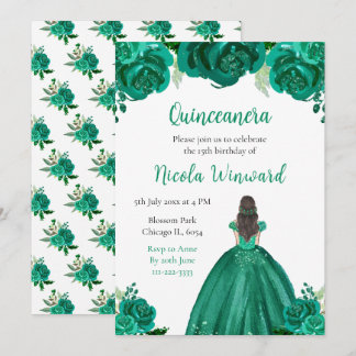 Brown Hair Princess Green Floral Quinceanera Einladung